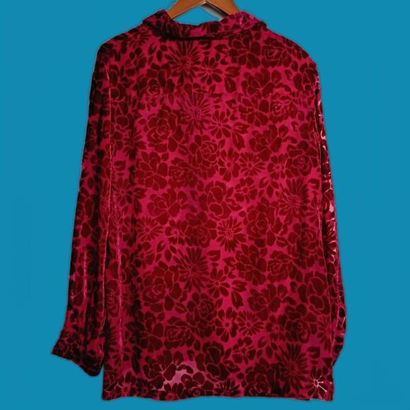 C.L.O.T.H.E.S. Vintage Red Velvet Burnout Sheer Floral Button Up Blouse L Whimsy - Picture 2 of 6
